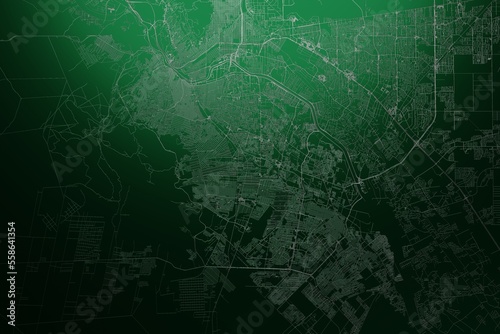 Street map of Ciudad Juarez (Mexico) engraved on green metal background. Light is coming from top. 3d render, illustration
