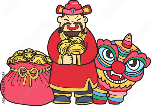 Hand Drawn Wealth God and Chinese Lion illustration