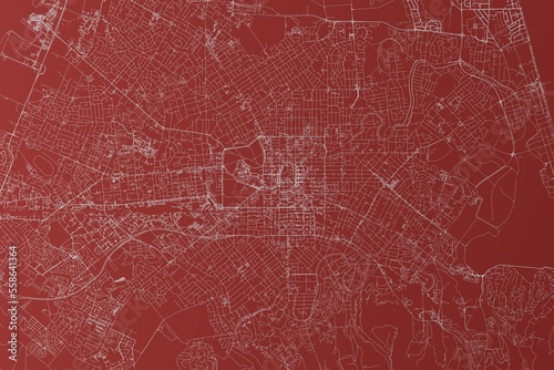 Map of the streets of Christchurch  New Zealand  made with white lines on red background. Top view. 3d render  illustration