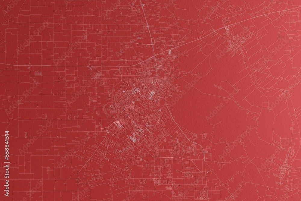Map of the streets of Lafayette (Louisiana, USA) made with white lines on red paper. Top view, rough background. 3d render, illustration