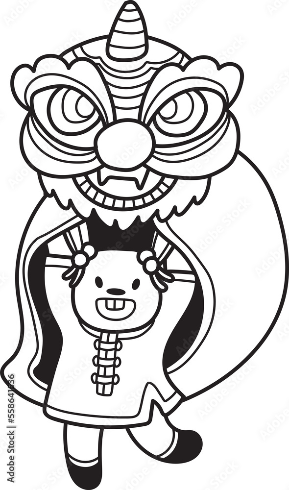 Hand Drawn Chinese lion dancing with a rabbit illustration Hand Drawn Chinese lion dancing with a rabbit illustration