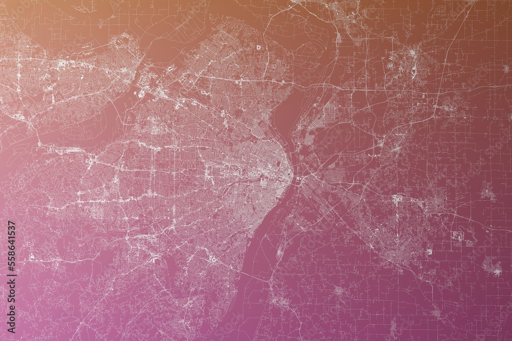 Map of the streets of St Louis (Missouri, USA) made with white lines on pinkish red gradient background. Top view. 3d render, illustration - obrazy, fototapety, plakaty 