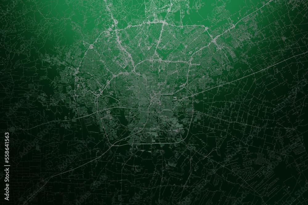 Street map of San Antonio (Texas, USA) engraved on green metal background. Light is coming from top. 3d render, illustration