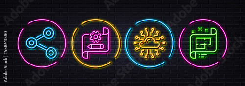Share  Cogwheel blueprint and Cloud network minimal line icons. Neon laser 3d lights. Architectural plan icons. For web  application  printing. Follow network  Edit settings  Online storage. Vector