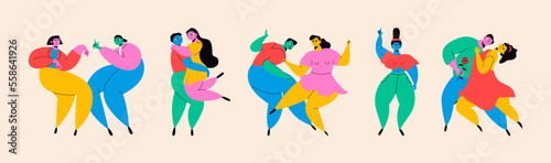 Dancing people. Cartoon abstract characters  cute couples of dancers  doodle active pairs in dance movement. Vector set