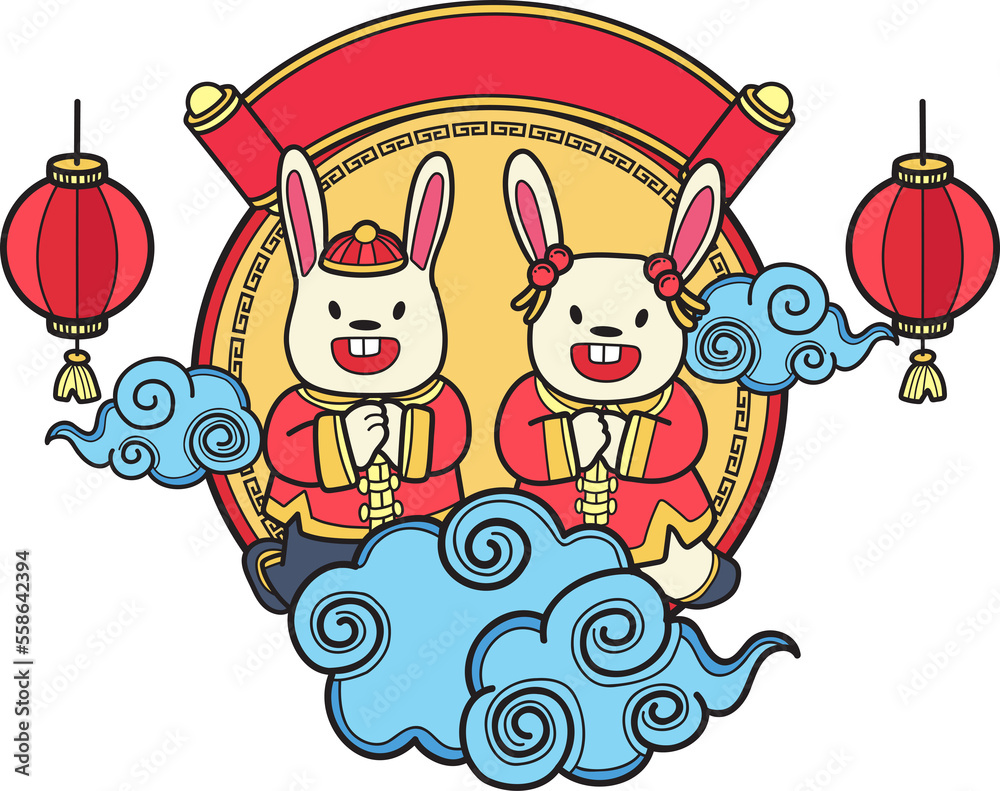 Obraz premium Hand Drawn Chinese rabbit smiling and happy illustration