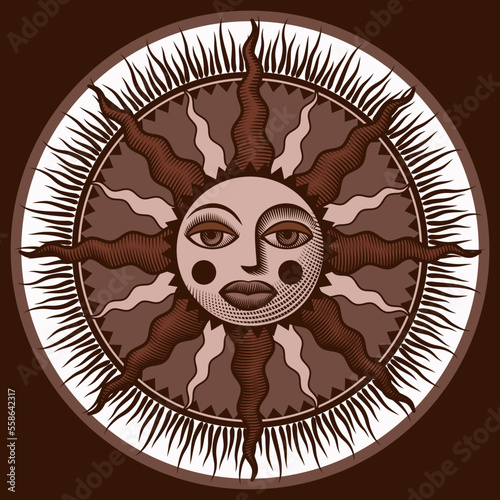 The motif of a round decorative symbol of the sun with a face and rays in brown tones. Vector illustration