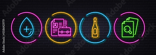 Oil serum, Vacancy and Champagne minimal line icons. Neon laser 3d lights. Inspect icons. For web, application, printing. Cosmetic care, Hiring job, Celebration drink. Search document. Vector
