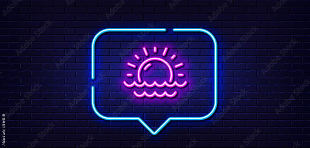 Neon light speech bubble. Sunny weather forecast line icon. Summer sun sign. Sunset with waves. Neon light background. Sunset glow line. Brick wall banner. Vector Neon light speech bubble. Sunny weather forecast line icon. Summer sun sign. Sunset with waves. Neon light background. Sunset glow line. Brick wall banner. Vector