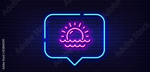 Neon light speech bubble. Sunny weather forecast line icon. Summer sun sign. Sunset with waves. Neon light background. Sunset glow line. Brick wall banner. Vector