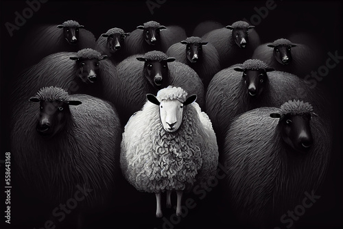 Obraz na plátně A herd of black sheep with a white one in the middle, generative AI