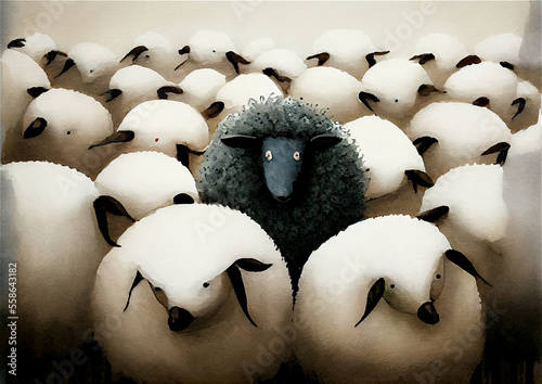 A herd of white sheep with ...