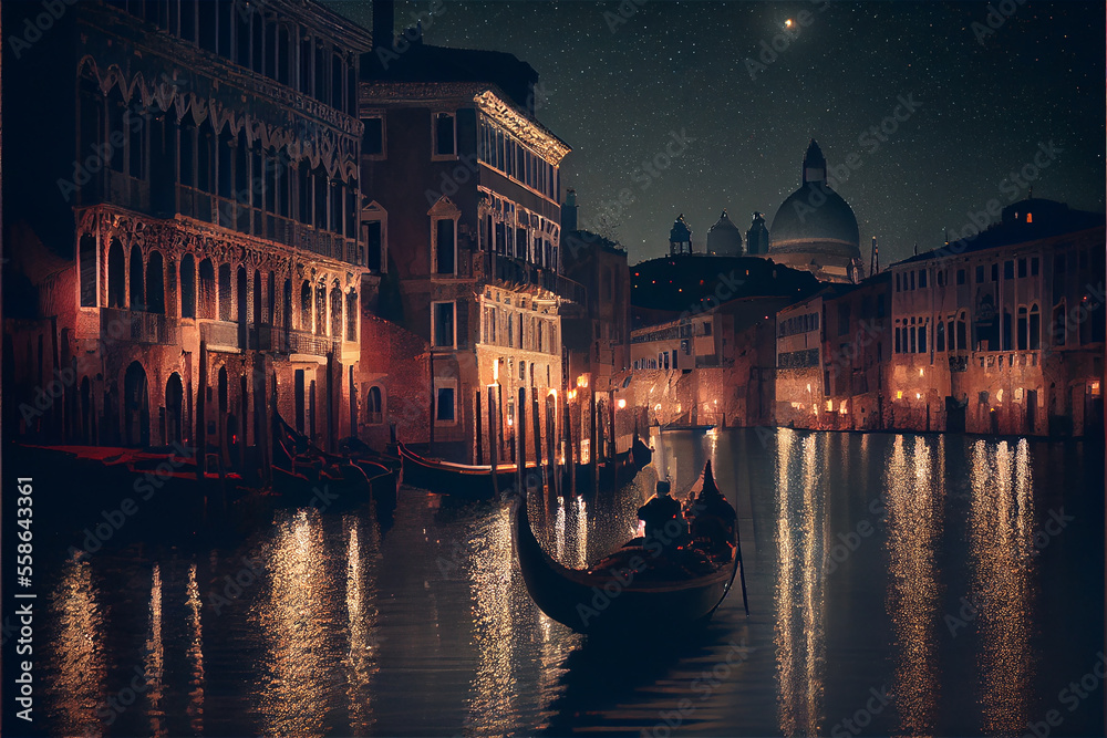 Twilight view of Venice grand canal at night with illuminated buildings, generative AI