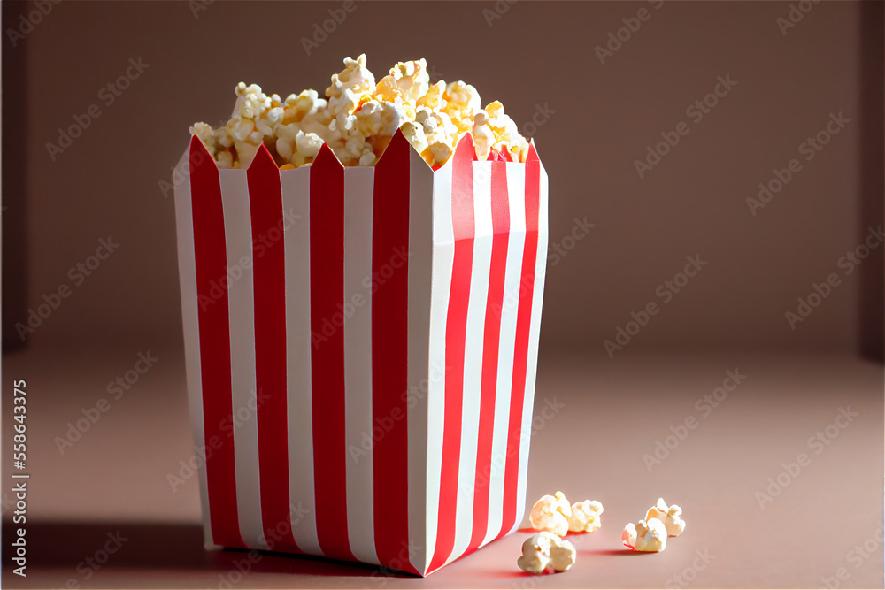 Traditional popcorn bucket with striped red and white package, generative AI