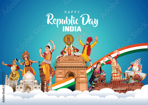 Happy Republic Day India 15th august. Indian monument and Landmark with background , poster, card, banner. vector illustration design
