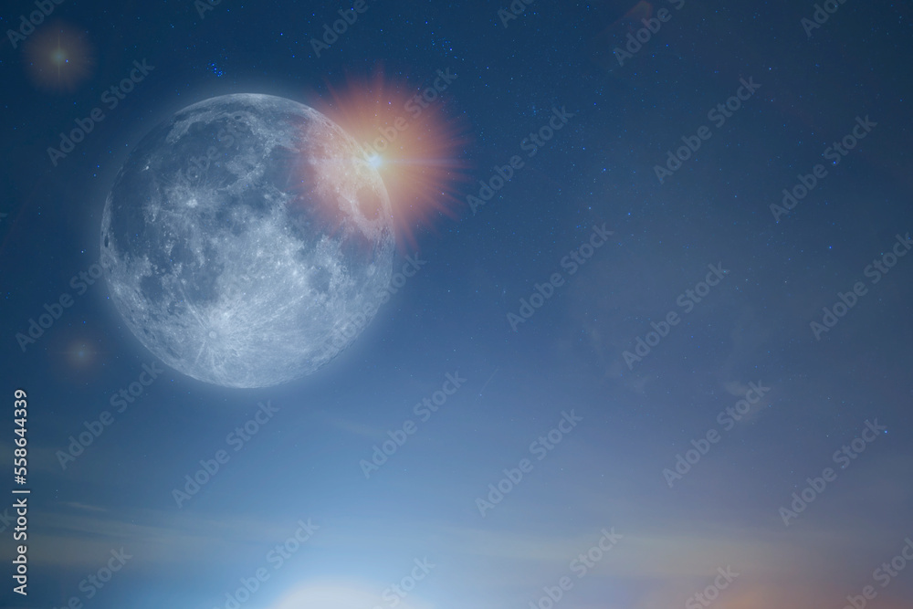 Universe, futuristic space view with big bright full moon and yellow shining star. Universe, futuristic space view with big bright full moon and yellow shining star.