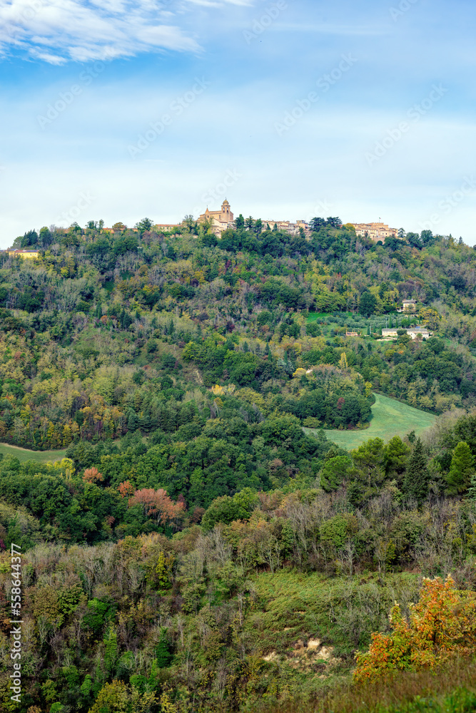 Autumn view of fields  and woods under Belvedere Fogliense, Region Marche of Italy. In the background appears the medieval city of Mondaino
