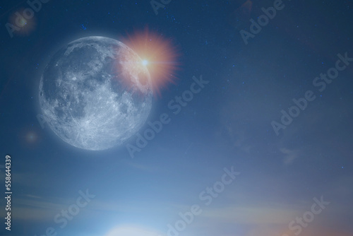 Universe  futuristic space view with big bright full moon and yellow shining star.