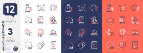 Set of Air balloon, 360 degrees and Stop shopping line icons. Include Court building, Stars, Environment day icons. Bitcoin pay, Person idea, Approved checklist web elements. Love letter. Vector