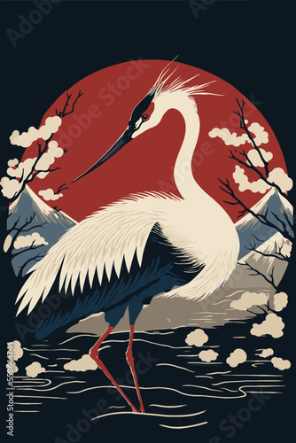 Japanese crane bird illustration in vector flat color style for art print