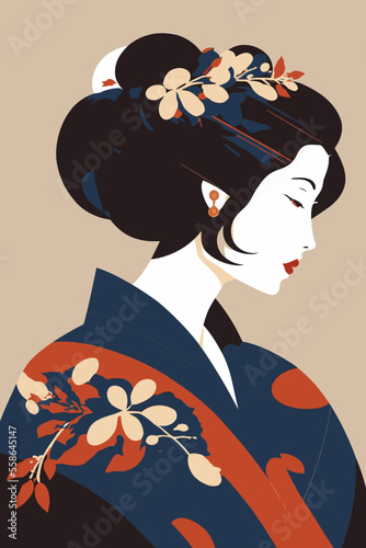 Fototapet portrait japanese geisha in kimono, japan woman in traditional floral ornament