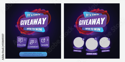 Giveaway quiz contest and announcement for social media feed. Vector template prize win competition with steps