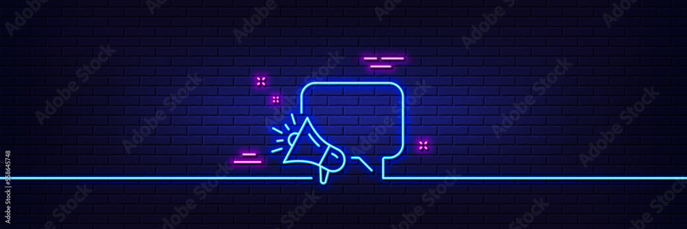 Neon light glow effect. Megaphone line icon. Advertisement device symbol. Brand ambassador speech bubble sign. 3d line neon glow icon. Brick wall banner. Megaphone outline. Vector Neon light glow effect. Megaphone line icon. Advertisement device symbol. Brand ambassador speech bubble sign. 3d line neon glow icon. Brick wall banner. Megaphone outline. Vector