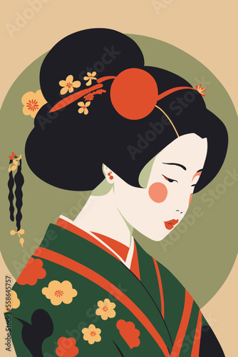 Tela portrait japanese geisha in kimono, japan woman in traditional floral ornament