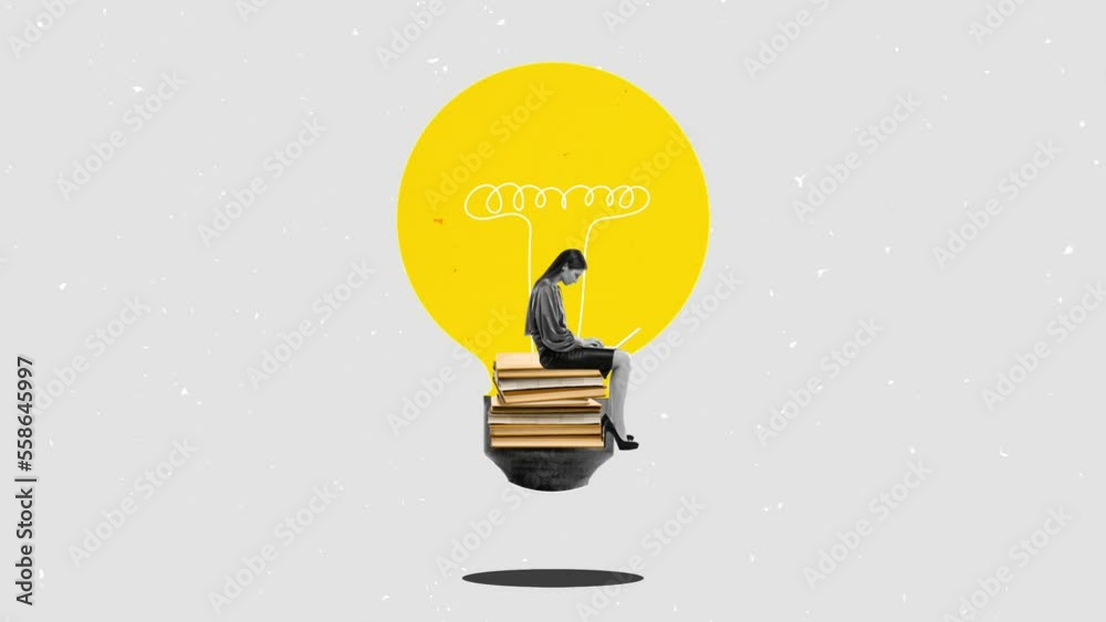 Stop motion, animation. Stop motion, animation. Woman sitting in light bulb. Idea, innovation, creativity, solution concept.