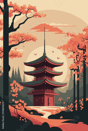 japan temple or asian pagoda, japanese traditional landmark with cherry blossom tree