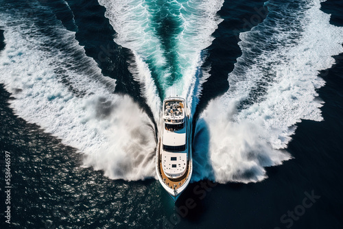 An aerial top view of a motor boat shows how its engines create a circle of waves and bubbles over the ocean. Generative AI