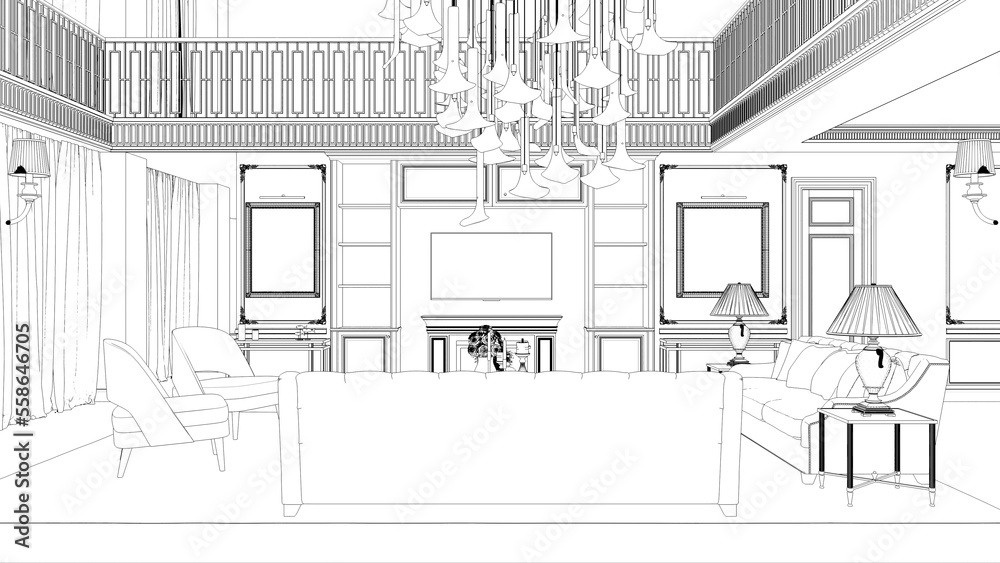 Fototapeta premium interior contour visualization, 3D illustration, sketch, outline