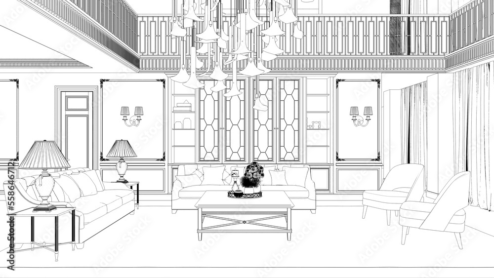 Fototapeta premium interior contour visualization, 3D illustration, sketch, outline