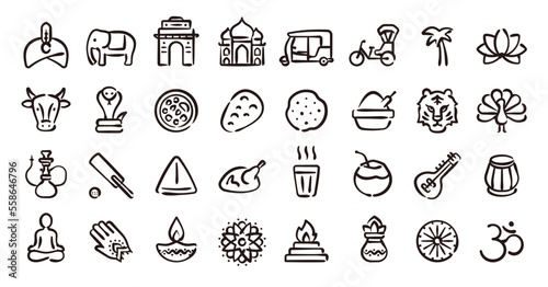 India icon set  Hand-drawn line version 