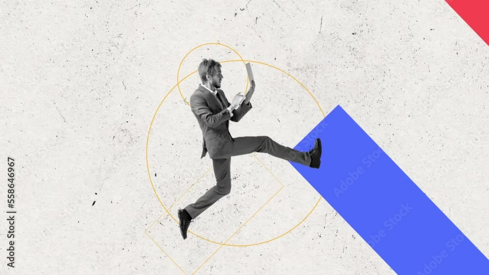 Stop motion, animation. Stop motion, animation. Start up, hard work. Young man, businessman, finance analyst or clerk in business clothes. Concept of finance, economy