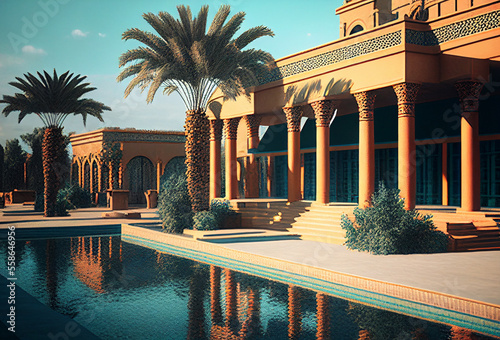 Egypt resort. Stunning traditional architecture with palms in desert. Generative Ai Art. Picturesque landscape with hotel.