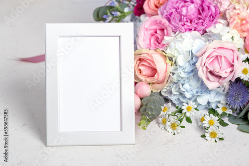 Vertical white frame with flower bouquet background