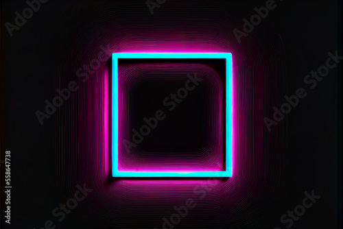 Square picture frame with blue and purple neon colors, glowing, dark background