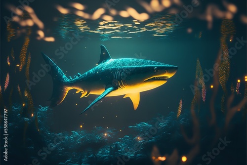 A big white shark in 3D rendered artwork in the sea under the water. Generative Ai