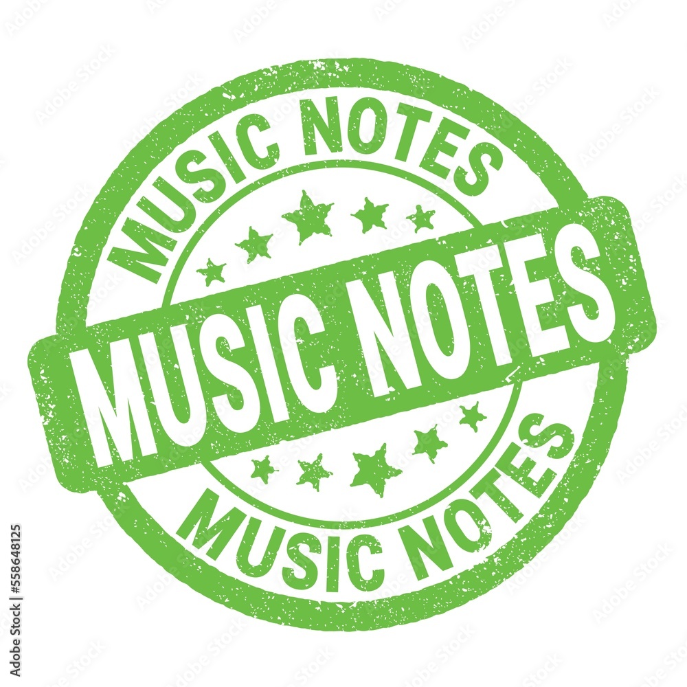 MUSIC NOTES text written on green round stamp sign. MUSIC NOTES text written on green round stamp sign.