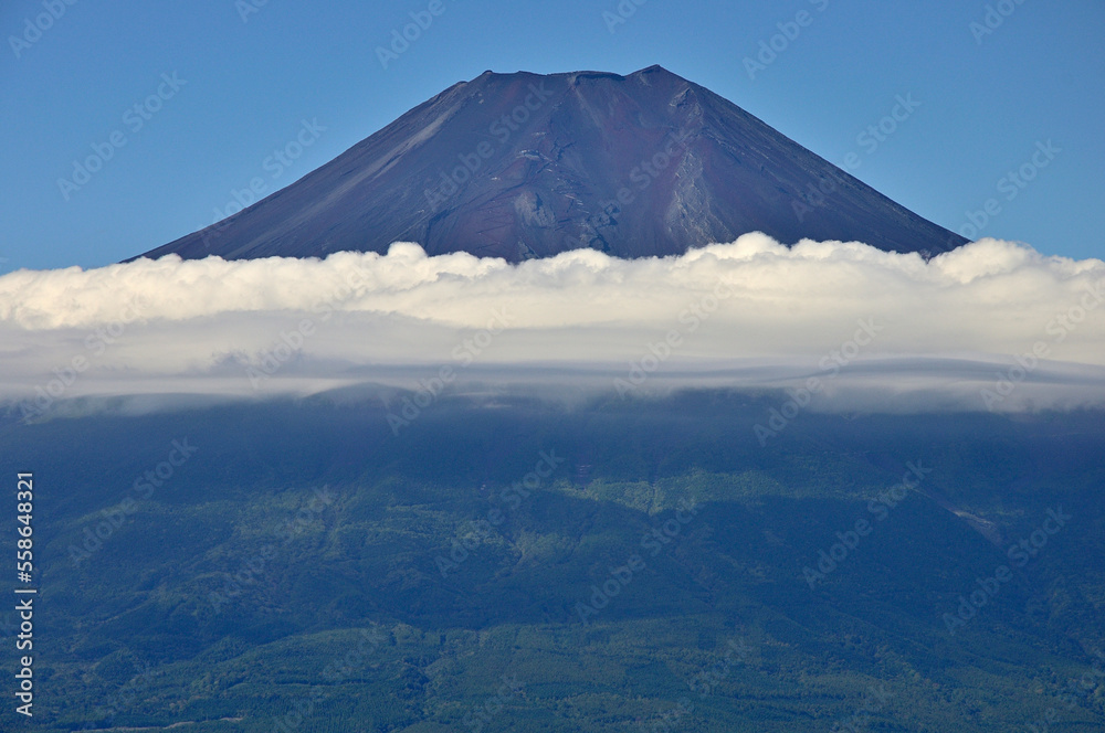 道志山塊の杓子山山頂より望む夏の富士山
杓子山は道志山塊の西に聳える山。富士吉田市と都留市、そして忍野村との行政界に位置する山。遠方から杓子山方面を眺めると富士山に近いこともありすぐにそれと分かるが、そのときに最も標高が高い山容は鹿留山或いは子ノ神であり、その隣のやや低い場所の山が杓子山になる。山梨百名山である杓子山の山頂からは、天候に恵まれれば四囲に視界を遮る樹木はほとんどないことから360度の