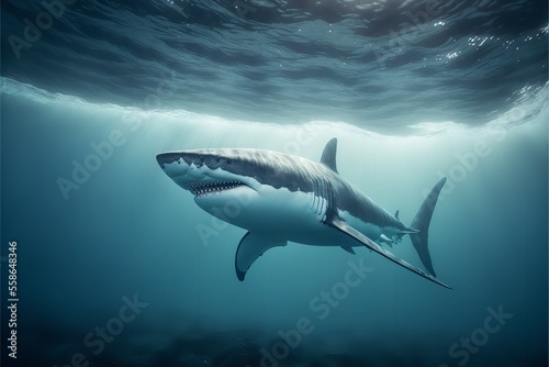 A big white shark in 3D rendered artwork in the sea under the water. Generative Ai