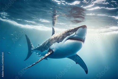 A big white shark in 3D rendered artwork in the sea under the water. Generative Ai