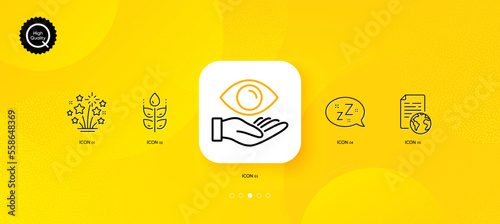 Fireworks stars, Gluten free and Health eye minimal line icons. Yellow abstract background. Internet document, Sleep icons. For web, application, printing. Vector