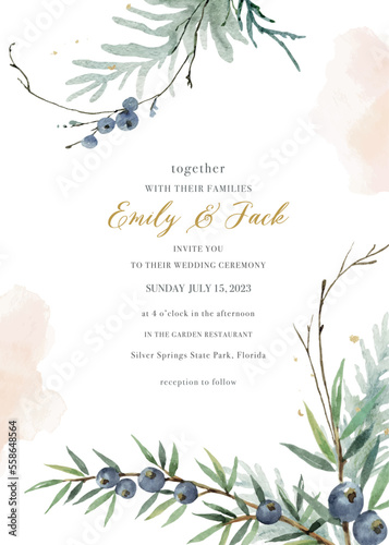 Watercolor vector hand painted wedding invitation card template.