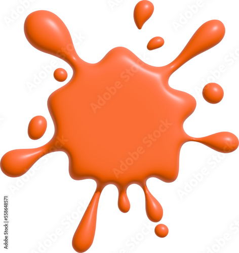 Cartoon drop and splatter. Orange stain of paint and ink with splashes. 3d render photo