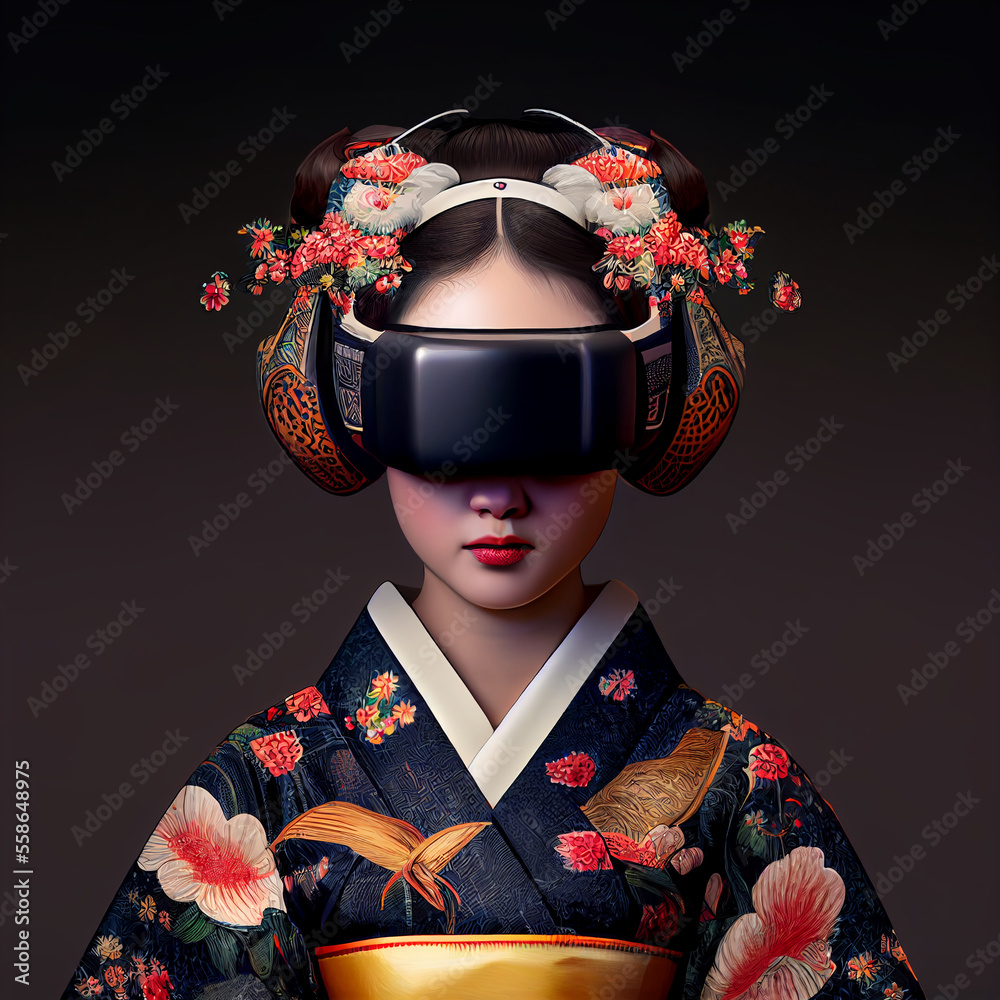 Japanese Woman Geisha Vr Virtual Reality Headset In A Black Kimono