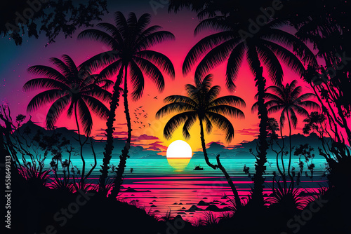 Sunset surreal woodland with palm trees stunning neon dream landscape. Generative AI © 2rogan