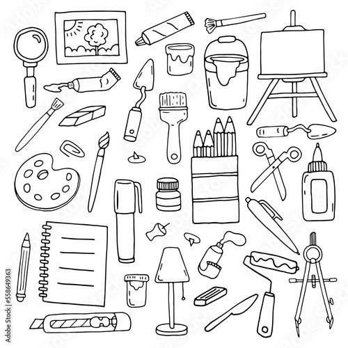 Artist's set. Accessories and tools for drawing, painting, design. Doodle. Vector illustration. Hand drawn. Outline.