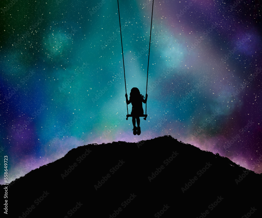 Fototapeta premium Beautiful colorful night sky with siluet swing woman background wallpaper